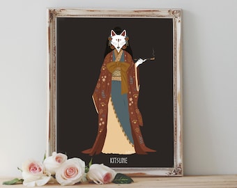 Impresión de póster artístico: Diosa Kitsune, Japón, zorro japonés, espíritu, mitología, femenino divino, pagano, wicca, folklore - Decoración del hogar - Regalo de inauguración de la casa