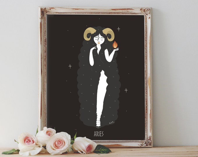 Art Poster Print - Aries Zodiac Sign Astrology Astrological Star Moon Sign Ram Folk Art Cute Pagan Wiccan - Home Decor - House Warming Gift