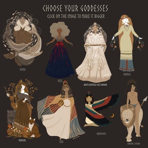 May include: Illustration of ten female deities from different cultures. Each goddess is depicted in a colorful, stylized design with unique attributes and symbols. The goddesses include Sedna, Pele, White Buffalo Calf Woman, Nepthys, Medeine, Isis, Dodola, and Inanna/Ishtar.