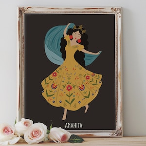 Impresión de póster artístico: Anahita, diosa, versión 1, mitología persa, naturaleza floral, diosa femenina, pagana, wiccana, folklore. Decoración del hogar. Regalo de inauguración de la casa.