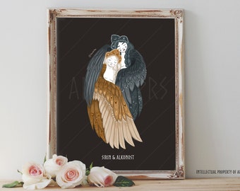 Art Poster Print - Sirin and Alkonost Slavic Goddesses Birds of Joy and Sorrow Pagan Wiccan Folk Style - Home Decor - House Warming Gift