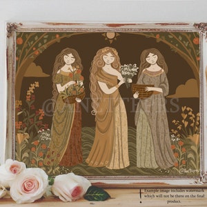 Impresión de póster artístico: Kore/Perséfone recolectando flores con ninfas, dibujo de tapiz, mitología griega, paganismo divino wiccan, regalo de inauguración de la casa