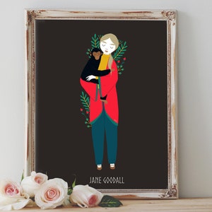 Art Poster Print - Jane Goodall Women in History Animal Activist Forest Wild Nature Feminism Floral Folk  - Home Decor - House Warming Gift