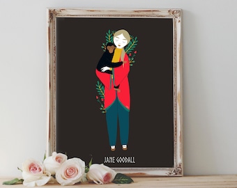 May include: Illustration of a person holding a chimpanzee, wearing a red coat and teal pants. The image is framed with a white and gold ornate border. The name "JANE GOODALL" is printed at the bottom of the image.