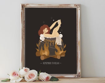 Art Print - Witch Bathing in Cauldron Goddess Remember to Relax Aesthetic Pagan Wiccan Folk Art Boho - Home Decor - House Warming Gift