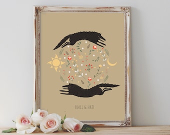 Art Poster Print - Skoll and Hati Two Wolves Chasing Sun and Moon Norse Mythology Pagan Heathen Viking - Home Decor - Floral Wolf Folk Art