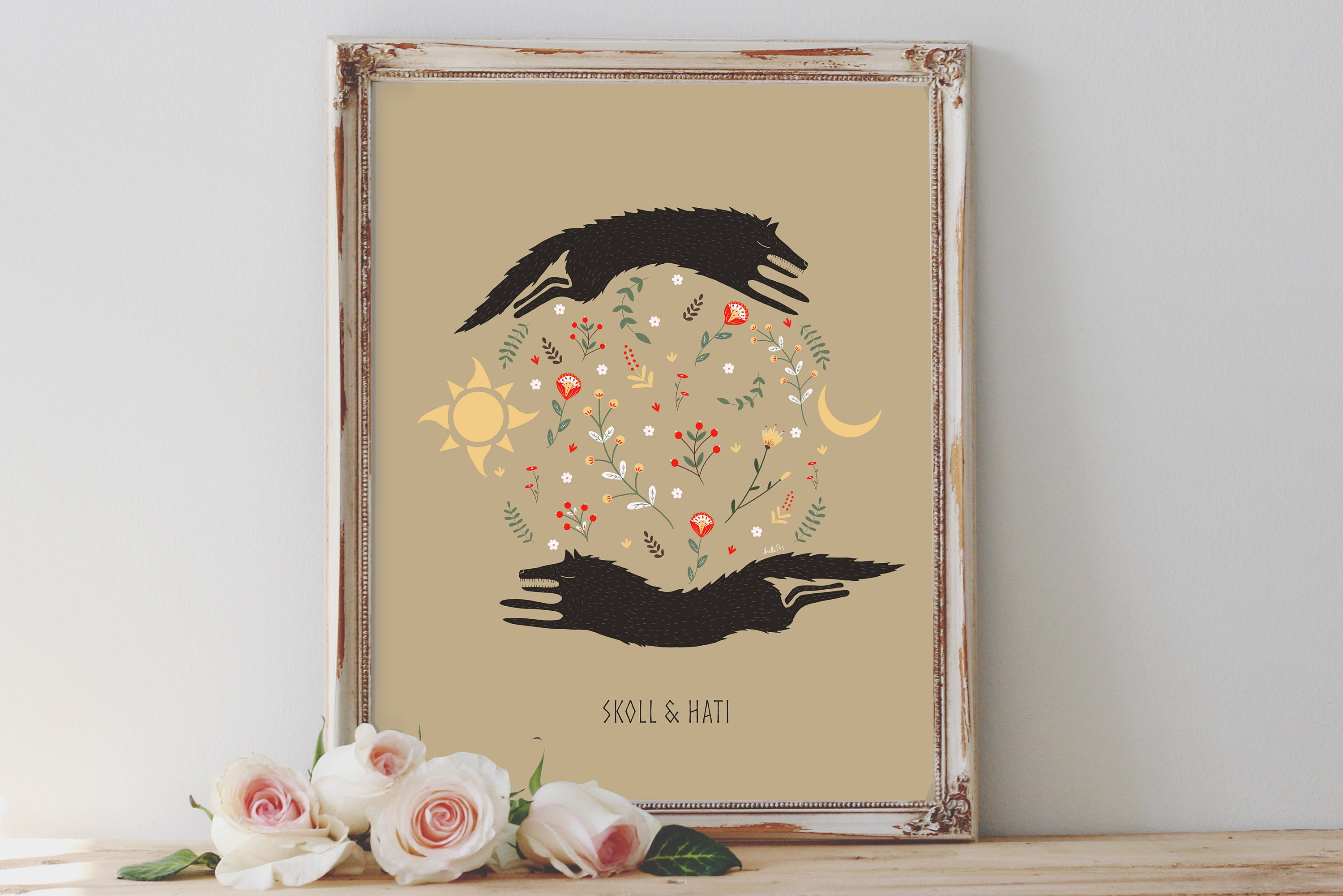 Art Poster Print - Skoll and Hati Two Wolves Chasing Sun and Moon