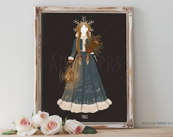 May include: A digital illustration of a woman in a blue and white dress with a white fur trim. She is holding a lantern and a bouquet of flowers. The background is black with a snowflake design and the word "Yule" at the bottom.