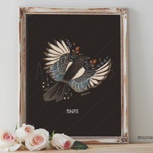 Art Poster Print - Magpie Floral Folk Illustration Altar Bird Spirit Forest Wild Nature Pagan Wiccan  - Home Decor - House Warming Gift