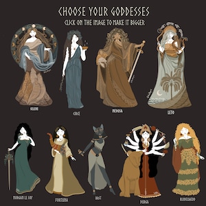 May include: Illustration of ten goddesses from different mythologies. Each goddess is depicted in a colorful, stylized design with a unique background and name label. The goddesses are Selene, Circe, Medusa, Leto, Morgan le Fay, Fortuna, Bast, Durga, Blodeuwedd.