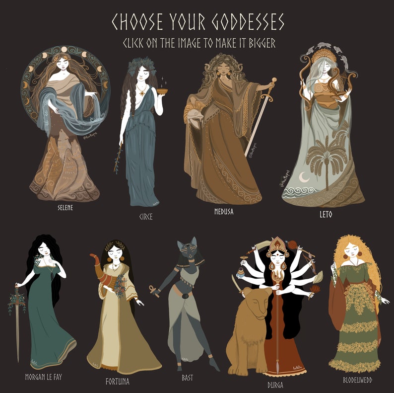 May include: Illustration of ten goddesses from different mythologies. Each goddess is depicted in a colorful, stylized design with a unique background and name label. The goddesses are Selene, Circe, Medusa, Leto, Morgan le Fay, Fortuna, Bast, Durga, Blodeuwedd.