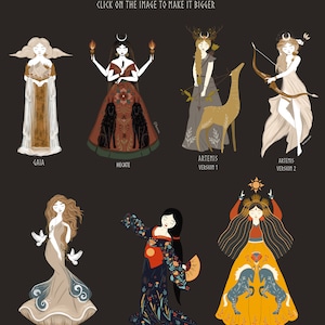May include: Illustration of nine different goddesses, each with a unique style and color scheme. The goddesses are depicted in a variety of poses, including standing, sitting, and dancing. The illustration is set against a dark background.