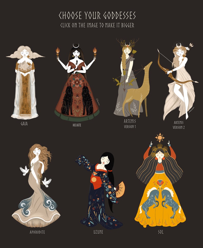 May include: Illustration of nine different goddesses, each with a unique style and color scheme. The goddesses are depicted in a variety of poses, including standing, sitting, and dancing. The illustration is set against a dark background.