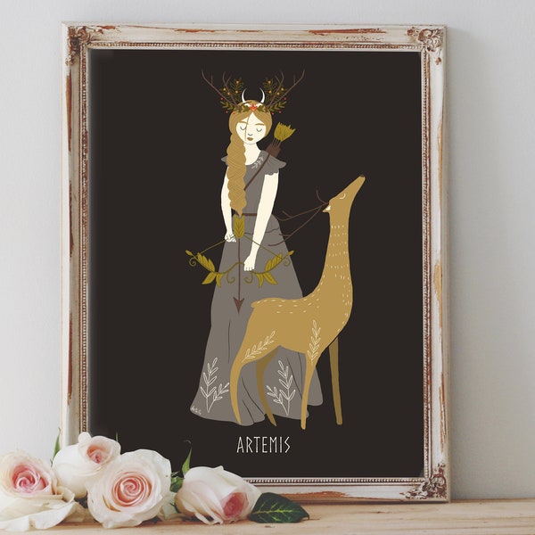 Art Poster Print - Artemis Goddess ver.1 Wild Greek Mythology Animals Forest Wild Nature Pagan Wiccan Folk - Home Decor - House Warming Gift