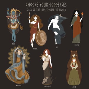 May include: An illustration of ten goddesses from different mythologies. Each goddess is depicted in a colorful, stylized design with unique attributes. The goddesses are Kali, Hestia, Nyx, Athena, Anahita, Persephone, and Artio.
