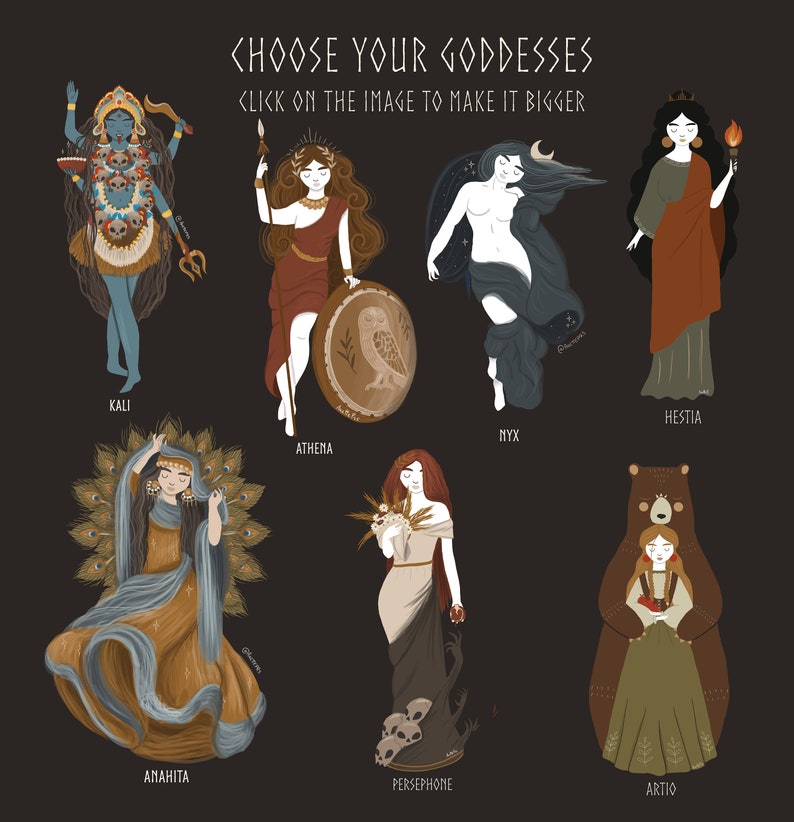May include: An illustration of ten goddesses from different mythologies. Each goddess is depicted in a colorful, stylized design with unique attributes. The goddesses are Kali, Hestia, Nyx, Athena, Anahita, Persephone, and Artio.
