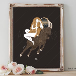 Art Poster Print - Dali Georgia Slavic Goddesses Ram Goat Witchy Witch Moon Pagan Wiccan Folk Style - Home Decor - House Warming Gift