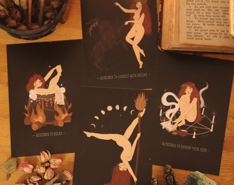 Witchy Self-Care Series Art Package - Witch Moon Witchcraft Femme Folk Art - Pagan Wiccan Heathen Altar Wall Decoration - Nature Posters