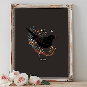 Impresión de póster artístico: ilustración floral popular de mirlo, pájaro de altar, espíritu del bosque, naturaleza salvaje, pagano wiccan, decoración del hogar, regalo de inauguración de la casa