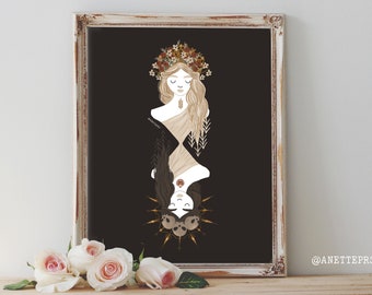 May include: A digital illustration of two women, one with a floral crown and the other with a crown of skulls, both with their heads tilted back. The background is black.
