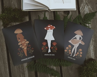Mushroom Maidens Art Package - Poisonous Mushroom Fungi Femme Folk Art - Pagan Wiccan Heathen Altar Wall Decoration - Nature Posters