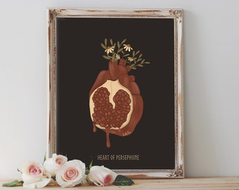 Art Print - Persephone Pomegranate Heart Greek Goddess Hades Aesthetic Pagan Wiccan Folk Art Boho - Home Decor - House Warming Gift