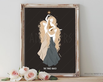 Art Poster Print - The Three Graces Goddess Greek Mythology Divine Feminine Pagan Wiccan Folk - Home Decor - House Warming Gift