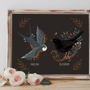 Art Poster Print - Swallow Blackbird Floral Folk Illustration Altar Bird Spirit Wild Nature Pagan Wiccan  - Home Decor - House Warming Gift