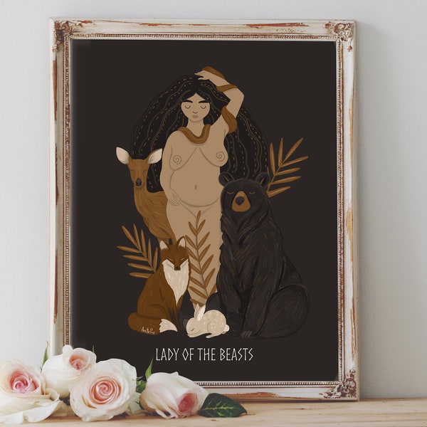 Art Poster Print - Lady of the Beasts Goddess Mythology Divine Feminine Spirit Animal Pagan Wiccan Folk - Home Decor - House Warming Gift