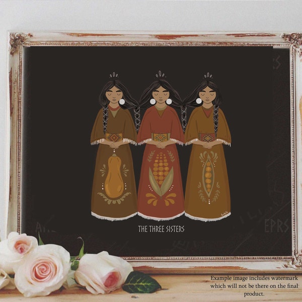 Art Poster Print - The Three Sisters Native American Mythology Squash Corn Bean Folk Art Simplistic Style - Home Decor - House Warming Gift