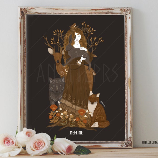 Art Poster Print - Medeine Goddess Lithuanian Mythology Slavic Folk Bohemian Floral Pagan - Home Decor - House Warming Gift