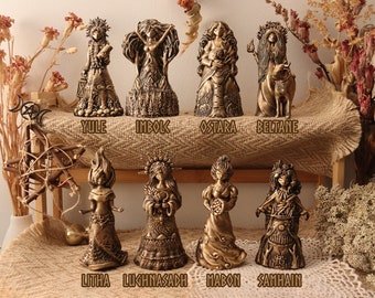 Statues de la roue de l'année - Samhain Beltane Yule Litha Lughnasadh Imbolc - Figurine de statue d'autel sorcière - Pièce d'autel - Fabriquée en Estonie