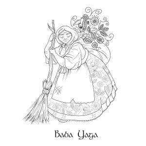 May include: Line art illustration of Baba Yaga, an elderly woman with a headscarf, holding a broom. She wears a long dress with floral patterns and carries a bundle of flowers and leaves on her back. The text "Baba Yaga" is below the illustration.