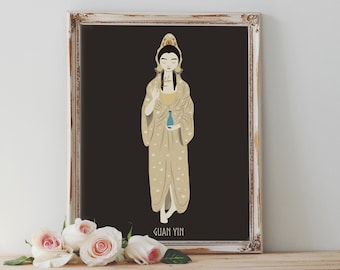 Impresión de póster artístico: Bodhisattva Guan Yin, diosa, mitología budista, Kwan Yin, compasión, paganismo, wicca, folklore. Decoración del hogar. Regalo de inauguración de la casa.