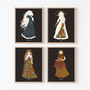 Jahreszeiten Kunstpaket - Winter Frühling Sommer Herbst / Herbst Femme Volkskunst - Pagan Wicca Heathen Heiden Altar Wanddekoration - Natur Poster