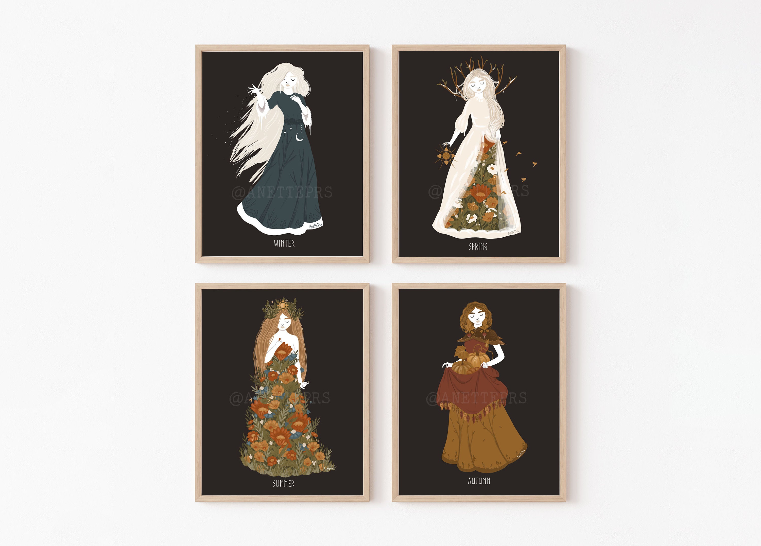Seasons Art Package - Winter Spring Summer Autumn / Fall Femme Folk Art - Pagan Wiccan Heathen Altar Wall Decoration - Nature Posters