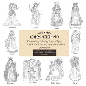 Paquete de diosas, patrón de bordado, páginas para colorear de mitología, imágenes prediseñadas paganas, diseños de tatuajes, archivos para manualidades, patrones para pirograbado.