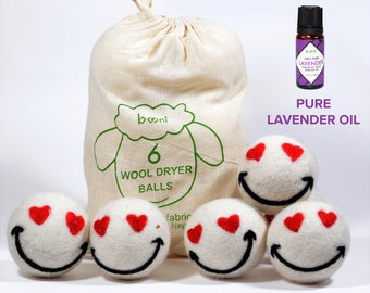 6 Pcs Heart Emoji Loved XL Wool Dryer Balls Handmade Natural Fabric Softener  - w/ 100% Pure Lavender Essential Oil -10ml (optional)