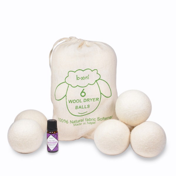 6 XL Wool Dryer Balls Handmade Natural Fabric Softener - w/ 100% Pure Lavender Essential Oil -10ml (optional)
