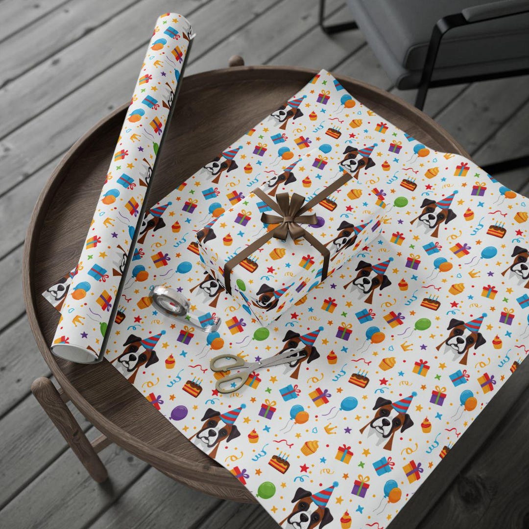 Boxer Dog Birthday Wrapping Paper, Puppy Party Present Wrap ...