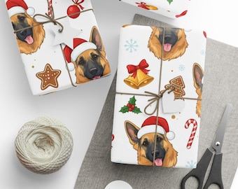 Papel de regalo navideño de pastor alemán, papel de regalo para perros, papel festivo para amantes de las mascotas, decoración navideña, estampado de animales adorables