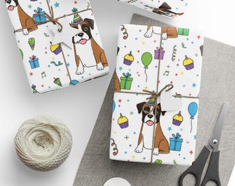 Boxer Dog Wrapping Paper, Party Hats Balloons, Birthday Present Wrap, Cute Puppy, Celebration Gift Wrap, Dog Lover Theme, Festive Paper