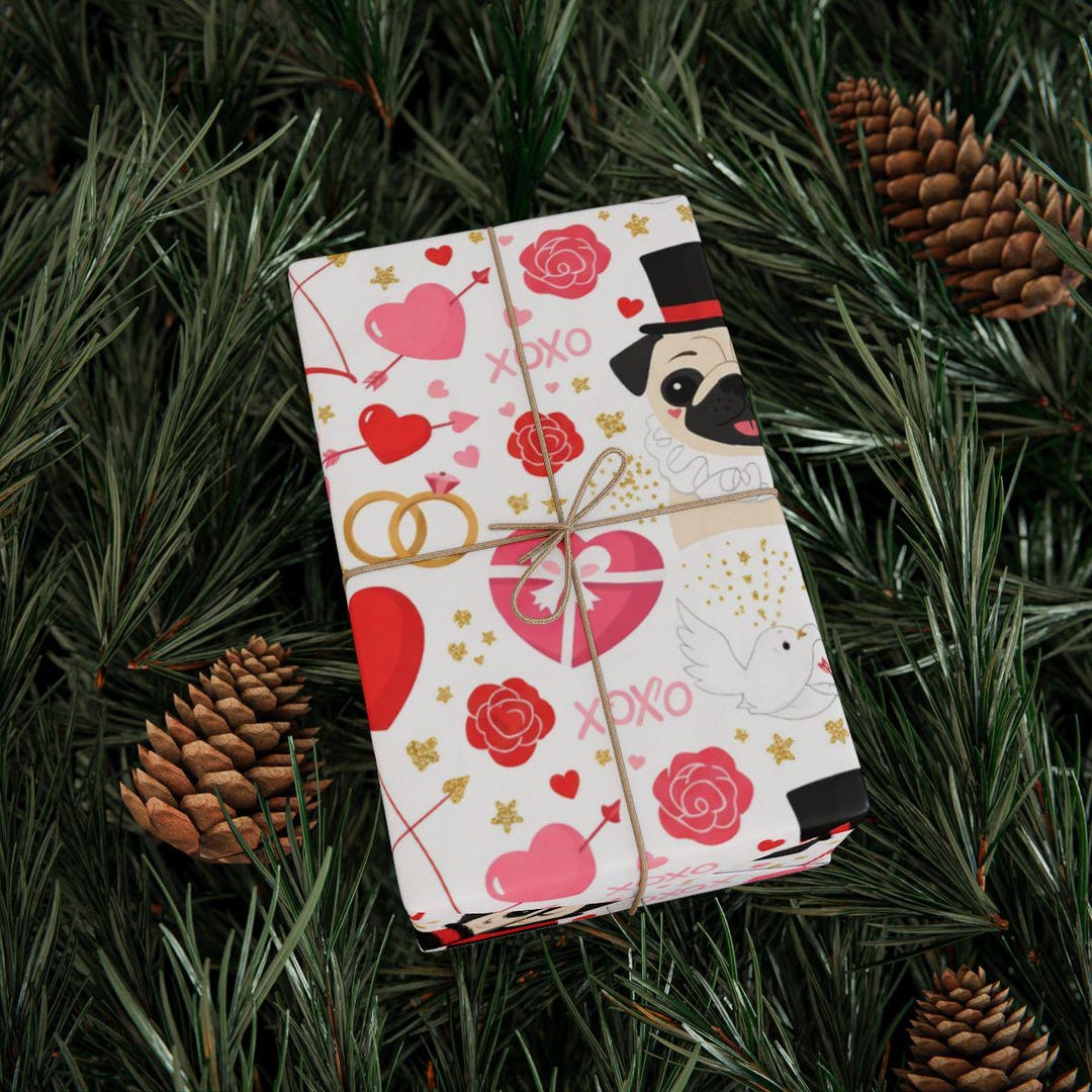 Pug Valentine Wrapping Paper, Dog Love Heart Gift Wrap, Animal Holiday ...