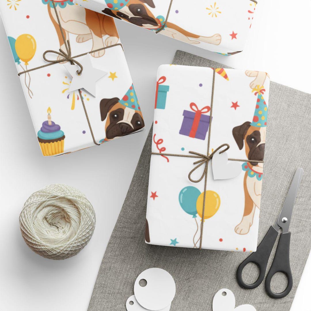 Boxer Dog Birthday Wrapping Paper, Cute Puppy Gift Wrap, Party Animals ...