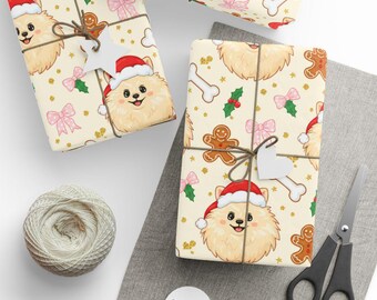 Christmas Pomeranian Wrapping Paper, Holiday Dog Gift Wrap, Puppy Present Paper, Cute Pet Festive Paper, Xmas Treat Wrap