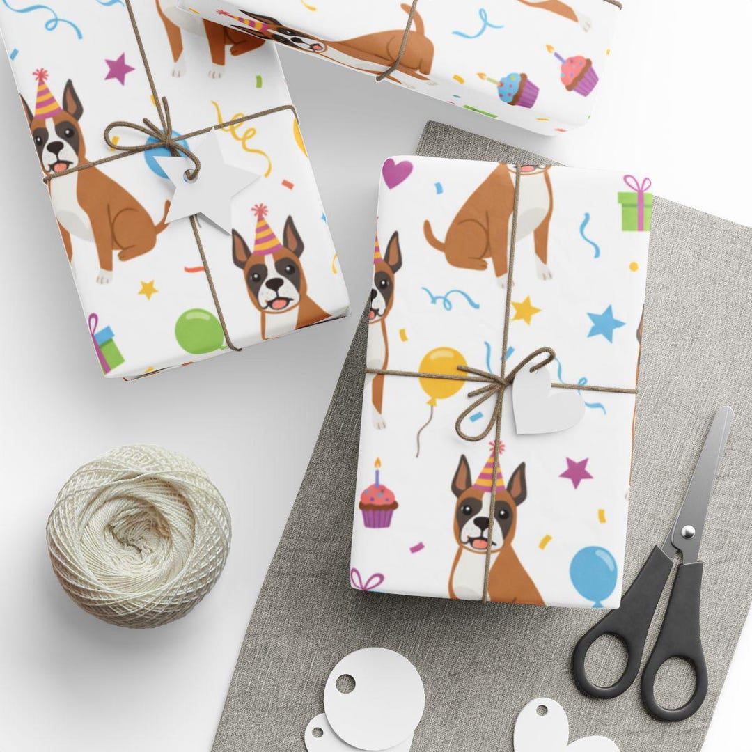 Boxer Dog Birthday Wrapping Paper, Cute Puppy Gift Wrap, Party Balloons ...