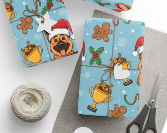 Papel de regalo navideño de pastor alemán, papel de regalo para perros, papel navideño para cachorros, papel festivo para mascotas, papel de regalo para amantes de los perros