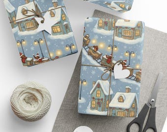 Papel de regalo navideño, Tren de Papá Noel, Pueblo invernal, Papel de regalo festivo, Decoración navideña, Envoltorio de regalo único, Manualidades de papel de temporada