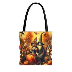 Bolsa de mano de Halloween con gnomo encantado, gnomo con calavera, compañero brujo, magia de Halloween, bolsa ecológica reutilizable, truco o trato
