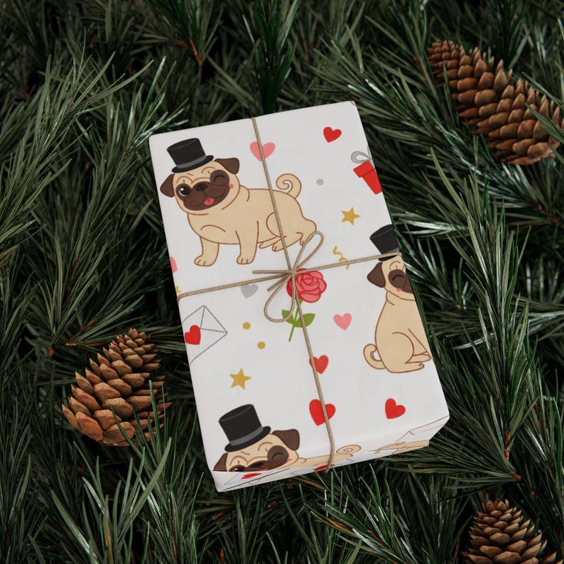 Pug Wrapping Paper, Valentine, Heart, Letter, Hat, Dogs, Pets, Love ...